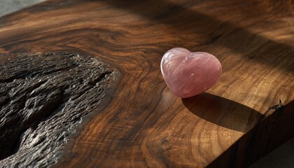Polished pink gemstone carved into a heart shape rests upon a dark wood surface illuminated by sunlight