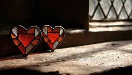 Two stained glass heart shapes rest upon a rustic wooden window ledge bathed in sunlight.