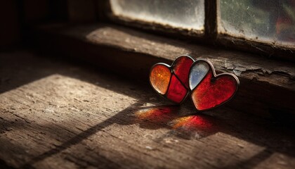 Two stained glass heart shapes rest upon a rustic wooden window ledge catching sunlight