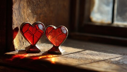 Two illuminated stained glass heart ornaments rest upon a sunlit wooden windowsill