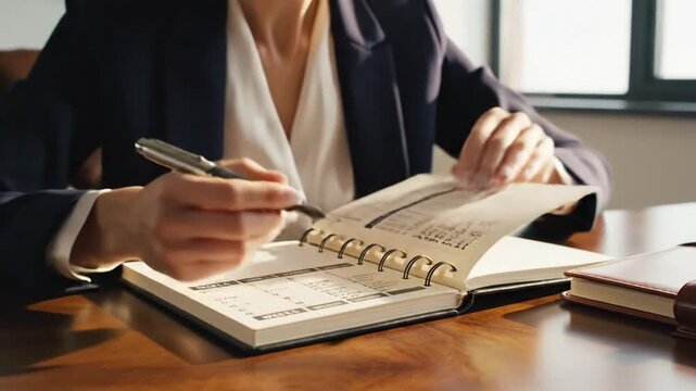 Professional event planner organizing a detailed timetable and agenda schedule, cinematic slow motion showcasing business strategy, corporate project management, and scheduling efficiency.