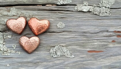 Three hammered copper hearts rest on weathered, lichen covered wooden surface