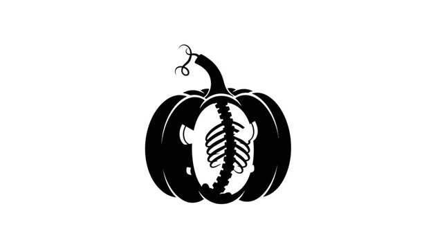 Black Halloween pumpkin silhouette with internal skeleton graphic