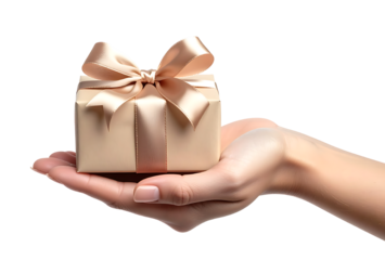 Minimalist cream-colored gift box featuring a shiny metallic ribbon held by a female hand. Classy surprise package design perfect for festive seasons and premium retail offers.