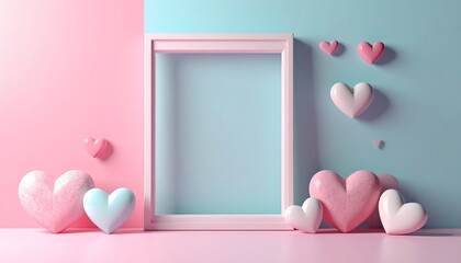 Valentine&rsquo;s Day mockup background with empty frame and heart decorations, minimal modern design, pastel colors, clean studio lighting, copy space for branding, commercial stock mockup