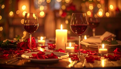 Romantic Valentine&rsquo;s Day dinner table with candles, wine glasses and rose petals, warm cozy lighting, elegant restaurant atmosphere, shallow depth of field, luxury lifestyle, commercial stock image