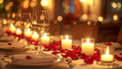 Romantic Valentine&rsquo;s Day dinner table with candles, wine glasses and rose petals, warm cozy lighting, elegant restaurant atmosphere, shallow depth of field, luxury lifestyle, commercial stock image