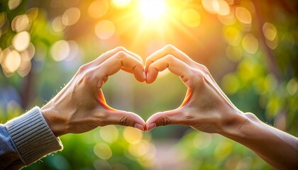 Close up of hands forming heart shape symbol of love, soft romantic lighting, blurred background, emotional connection, Valentine&rsquo;s Day concept, clean composition, copy space, realistic commercial sto