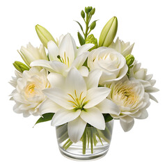 A beautiful bouquet of white lilies, roses, and chrysanthemums arranged in a clear glass vase.