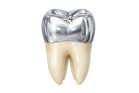 Tooth with metal crown representing dental restoration, dentistry, and oral healthcare concepts on transparent background