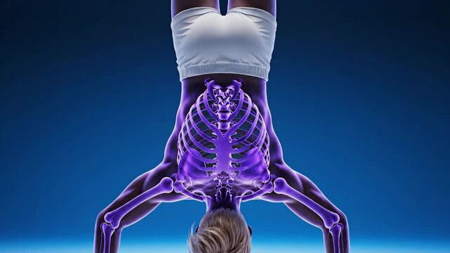 Human body skeleton displayed while performing a headstand against blue background