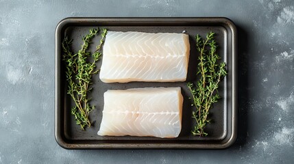 98.Uncooked Raw Cod Loin Fillet Steaks with Herbs in Kitchen Tray. Gray Background. Top View
