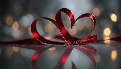 Double heart shape formed from a single strand of vibrant red ribbon rests upon a reflective surface.
