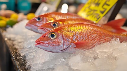126.A bright, vibrant shot of fresh red mullets and goatfish resting on a cool bed of ice at a fish market. The fishâ€™s smooth scales and bright colors are accentuated by the ice, and the market