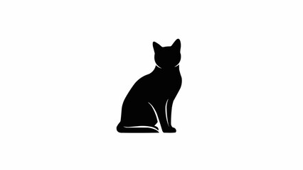 Black Cat Silhouette Sitting Gracefully Isolated on White Background.