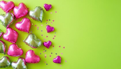 Metallic heart shaped balloons and confetti scattered on a bright green background for celebration