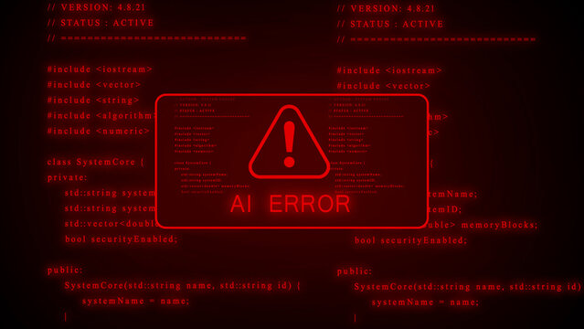Red digital AI error message on a dark screen with glowing red code and programming text, featuring an exclamation mark in a triangle, indicating a critical failure in artificial intelligence systems