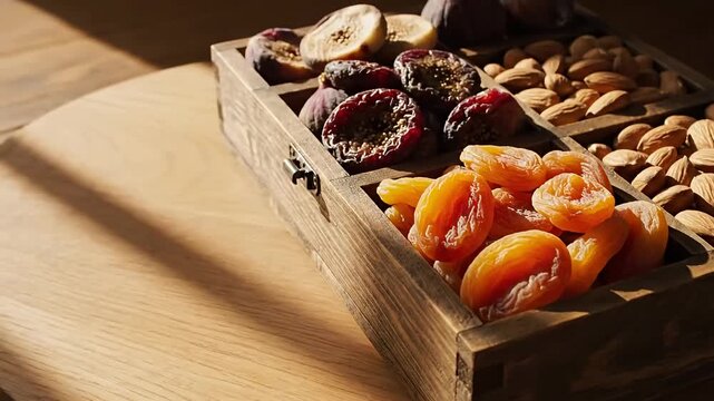 Vibrant assortment of sun-dried apricots, figs, and crunchy almonds artfully arranged in a rustic wooden box, perfect for healthy snacking, thoughtful gifting, or festive gatherings