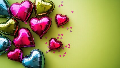 Assortment of metallic heart shaped balloons scattered on a bright green background with small confetti