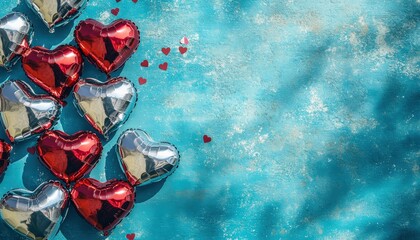 Shiny metallic heart shaped balloons cluster upon a richly textured blue background
