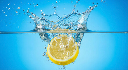Fresh lemon slice falling into water with splash