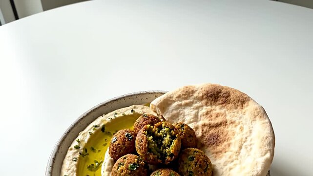 Delicious Middle Eastern Falafel with Creamy Hummus and Warm Pita Bread on a Minimalist White Tabletop