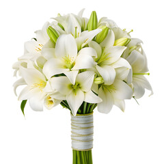 A beautiful bouquet of white lilies with green stems and leaves, wrapped with a delicate ribbon.