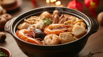 1.A beautiful, traditional Chinese New Year dish of Poon Choi, a large pot filled with an assortment of braised seafood, tender meats, and delicacies. The pot is overflowing with shrimp, abalone,
