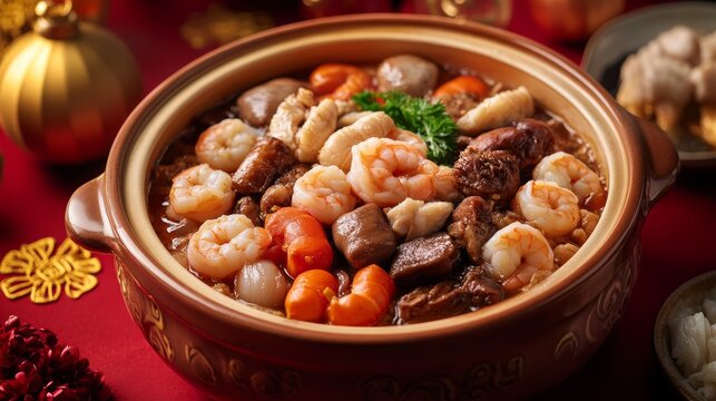 2.A close-up shot of Poon Choi, showcasing the vibrant colors of shrimp, scallops, and braised meats in a large, traditional Chinese clay pot. The pot is placed on a red table with auspicious Chinese