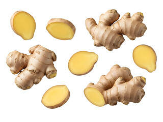Fototapeta premium Fresh ginger root and slices isolated on white background