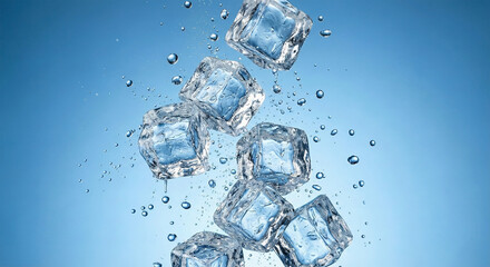 Falling clear ice cubes on blue background
