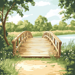 Obraz premium Old wooden bridge over the river in the countryside , vector style simple color