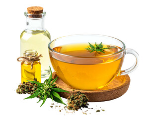 Fototapeta premium A cup of warm beverage with cannabis leaves, alongside two small oil bottles, buds, on a wood coaster, all on black background
