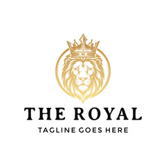 Fototapeta premium Majestic golden lion head with crown for royalty strength luxury or premium projects logo design