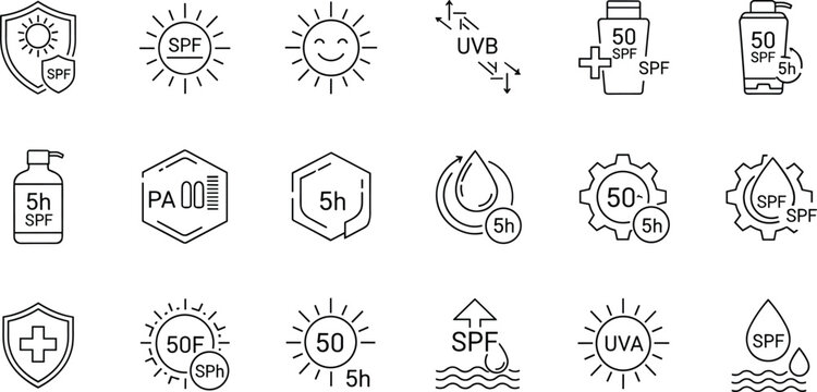 Collection of SPF and sun protection icons, vector graphics for skincare and health.