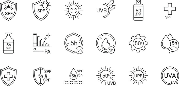 Sun protection icons detailing SPF, UVA, UVB, and duration for skincare product design.