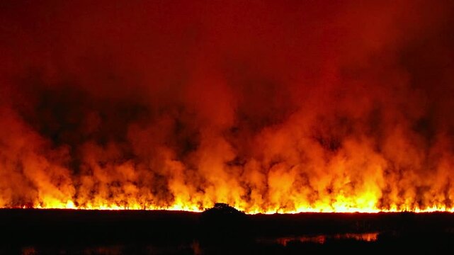 The controlled burns in Okavango Delta. The flames illuminate the landscape as wildlife and vegetation adapt to the fire. This process is essential for maintaining the ecosystem.