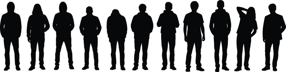 Assortment of male and female silhouettes in various poses and attire, showcasing individuality.