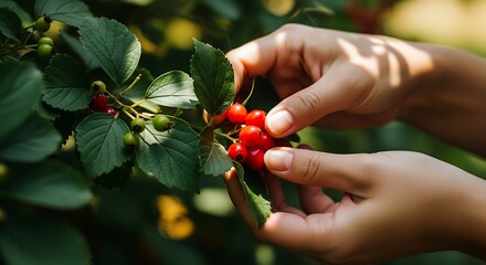 Hands picking ripe red cherries from a tree branch.