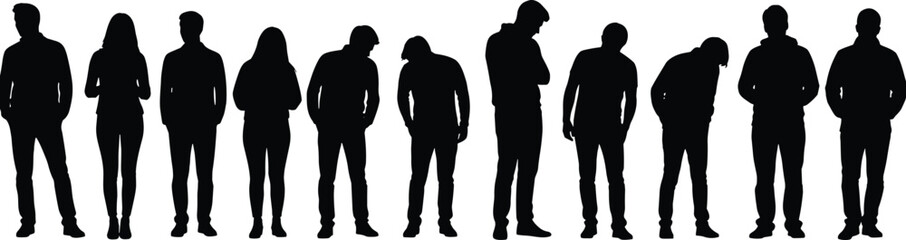 Diverse group of people silhouettes in casual clothing, standing and looking down. © Nafij World