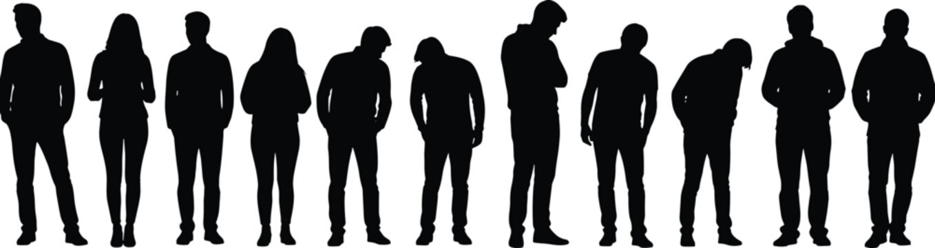 Diverse group of people silhouettes in casual clothing, standing and looking down.