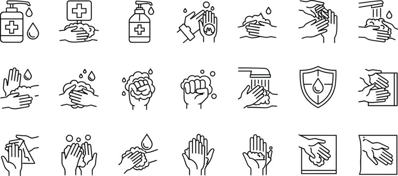 Hand washing icons illustrating soap, water, bubbles, and sanitization for hygiene.