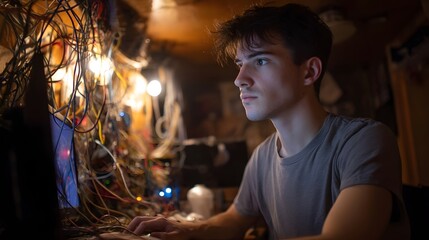 A focused young person works intently on a computer surrounded by a complex network of wires and bare light bulbs