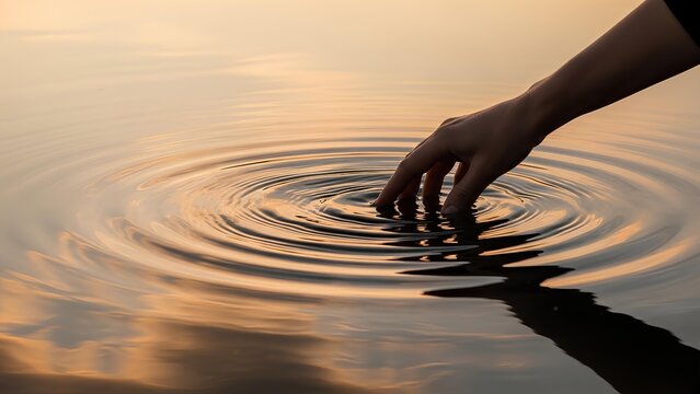 Close-up of a hand touching calm water at sunset, creating gentle circular ripples. Serene golden hour reflection on a lake surface. Concept of touch, connection, and peace.