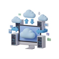 3D illustration of a computer connected to floating cloud icons, servers, upload and download arrows, cloud technology concept