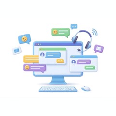 3D illustration of a computer monitor with chat windows, headset and message icons floating, customer service workflow concept, friendly 3D SaaS illustration style