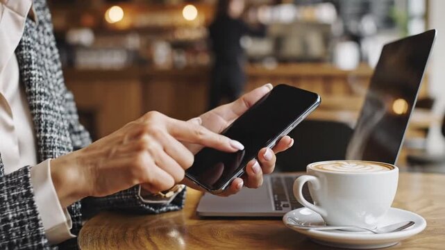 Cinematic slow motion shot of female hands holding a smartphone with a blank mockup screen for app display or web interface presentation against a blurred background in 4K resolution