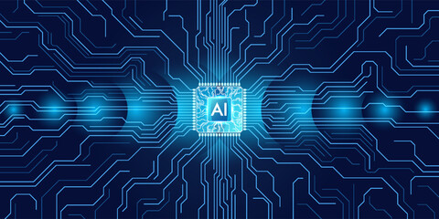 AI innovation concept.  Abstract digital background. Index human finger presses on a light blue AI chip or processor.  Artificial Intelligence concept. 3D low poly wireframe vector illustration.