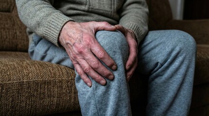 Senior man, sofa and knee pain with injury for chronic illness, arthritis or fibromyalgia at home. Closeup, elderly or male person with sore leg, accident or medical emergency for joint inflammation