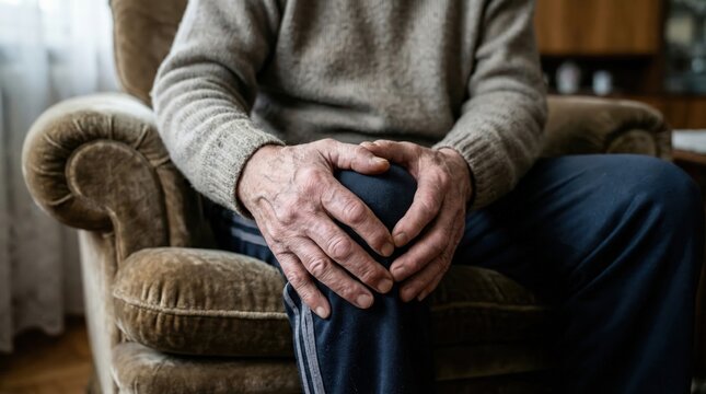Senior man, sofa and knee pain with injury for chronic illness, arthritis or fibromyalgia at home. Closeup, elderly or male person with sore leg, accident or medical emergency for joint inflammation